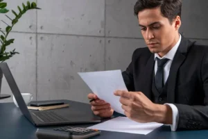Empresario revisando un documento en su oficina
